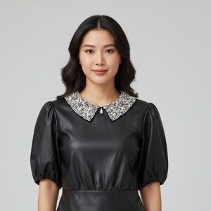 Maeve Anthropologie Elegant Black Beaded Collar faux leather Top size S